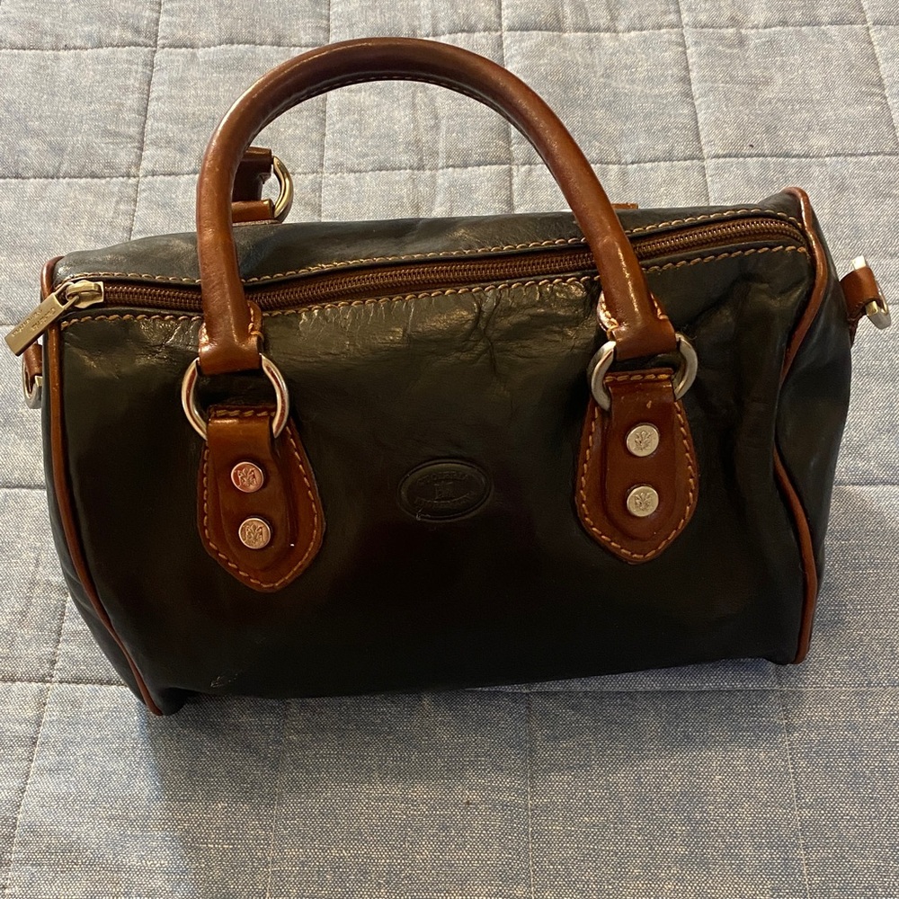 Black Leather Satchel with Brown Trim - Classic- Italian Cuoieria Fiorentona